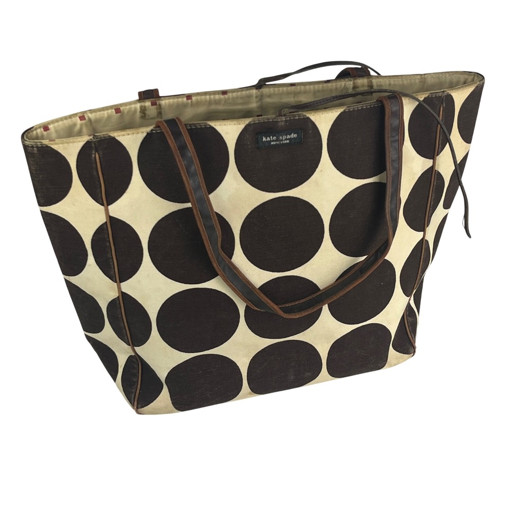 Kate Spade Tote Bag Women Brown Cream Polka‎ Dot Canvas Leather Trim Large